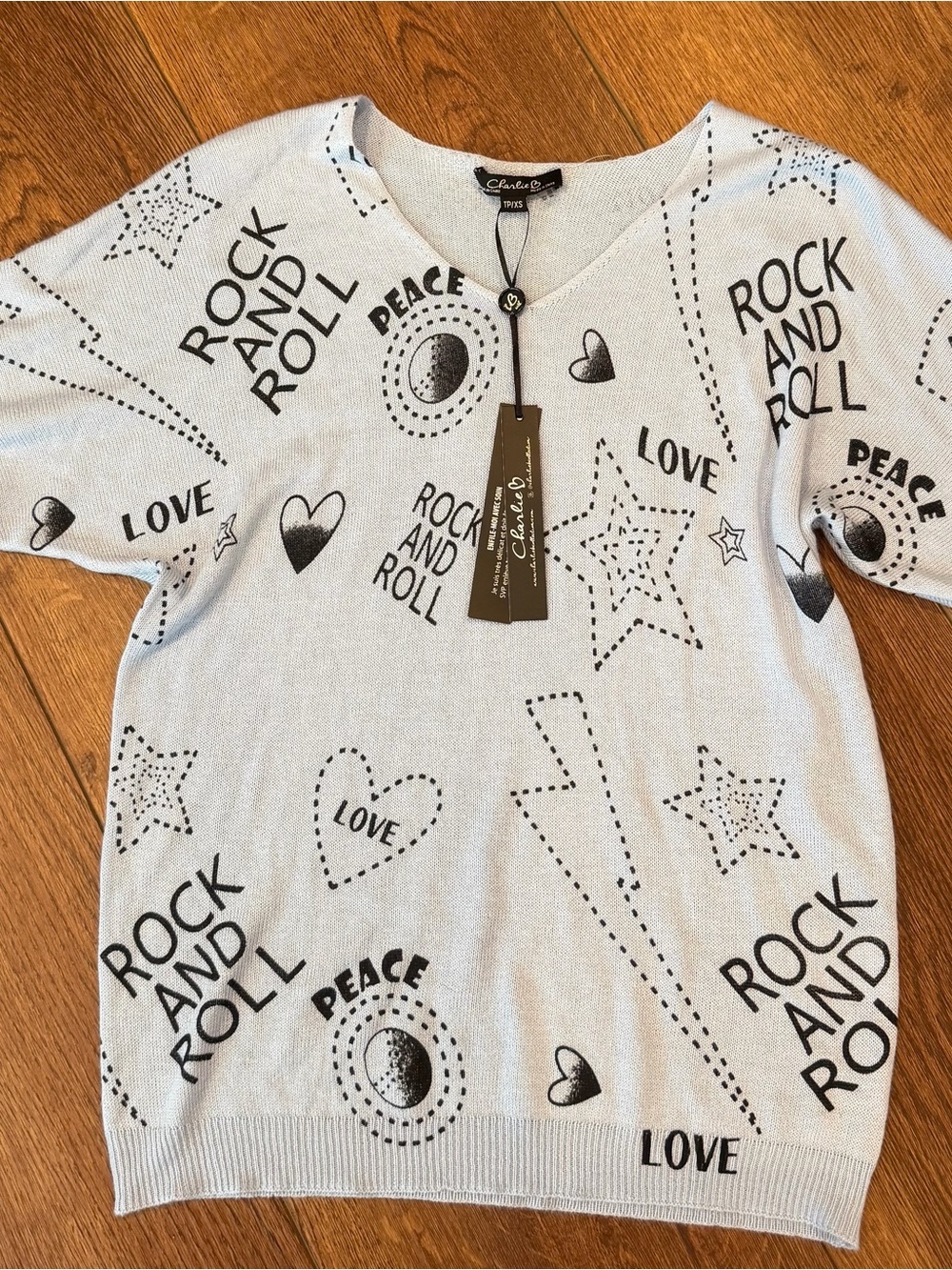 NWT CHARLIE B Light Cerulean Blue 'Rock and Roll' Graphic V-Neck Sweater - Picture 5 of 9